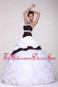 White and Brown Sweetheart Appliques and Ruffles Quinceanera Dress