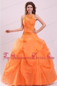 A-line Orange Halter Top Neck Appliques with Beading Quinceanera Dress