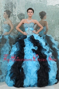 Aqua and Black Sweetheart Beading and Ruffles Quinceanera Dress