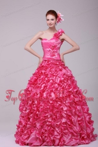 Hot Pink One Shoulder Hand Made Flowers and Ruffles Quinceanera Dress