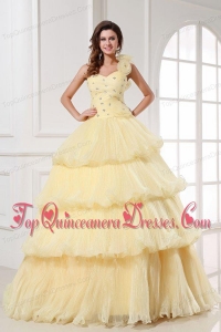 Light Yellow One Shoulder Beading and Pleats A-line Quinceanera Dress