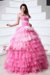 Pink One Shoulder Beading Quinceanera Dress with Ruffles Layered