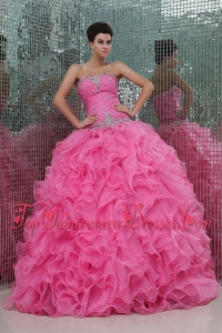 trapless Rose Pink Organza Beading and Ruffles Quinceanera Dress
