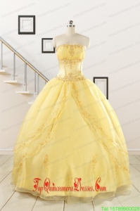 Pretty Yellow Quinceanera Dresses with Appliques and Beading For 2015