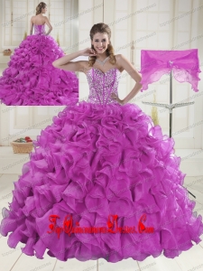 Ball Gown Sweetheart Brush Train Beading Quinceanera Dresses in Fuchsia