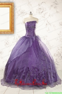 2015 Discount Purple Strapless Appliques Quinceanera Dresses