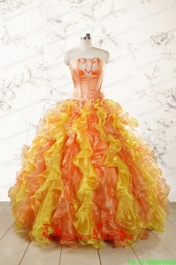 2015 Luuxurious Strapless Appliques and Ruffles Puffy Quinceanera Dresses