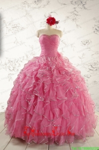 2015 Pretty Beading Quinceanera Dresses in Rose Pink