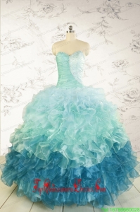 2015 Prefect Blue Quinceanera Dresses with Beading and Ruffles