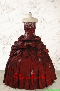 2015 Custom Made Appliques Wine Red Quinceanera Dresses with Lace Up