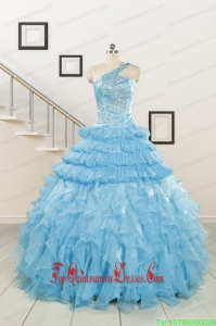 2015 Baby Blue One Shoulder Sweet 15 Dresses with Beading