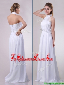 Empire Halter Top Applique Decorated Waist White Dama Dress in Chiffon