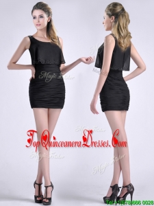 Exquisite Column Scoop Black Dama Dress with Appliques and Ruching