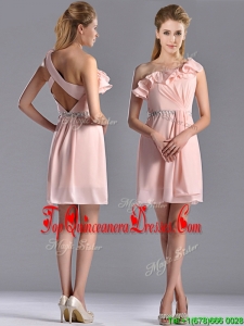 Latest Beaded and Ruffled Pink Dama Dress with Criss Cross