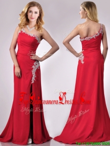 Luxurious Beaded Decorated One Shoulder and High Slit Dama Dress with Brush Train