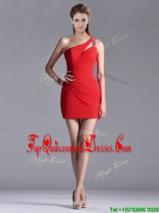 New Arrivals Side Zipper One Shoulder Red Dama Dress with Beading