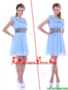 One Shoulder Light Blue Dama Dress with Beaded Decorated Waist and Ruffl