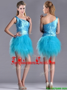 Wonderful One Shoulder Ruched and Ruffled Aqua Blue Dama Dress in Tulle