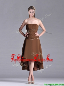 Exclusive Beaded Strapless High Low Brown Dama Dress in Chiffon