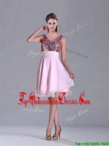 Latest V Neck Sequined Decorated Bodice Dama Dress in Baby Pink