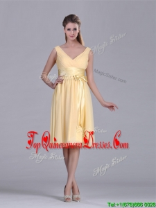 New Arrivals V Neck Bowknot Chiffon Short Dama Dress in Yellow
