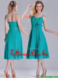 Spaghetti Straps Ruched and Belted Turquoise Dama Dress in Tea Length