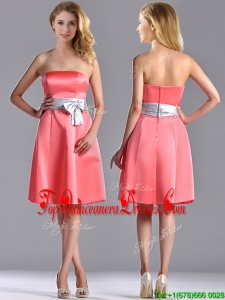 Best Selling Watermelon Knee Length Dama Dress with Silver Bowknot