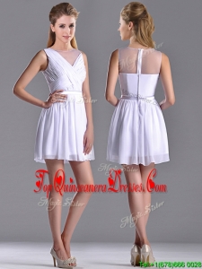 Fashionable See Through Scoop White Dama Dress with Ruching