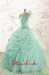 2015 Custom Made Apple Green One Shoulder Cheap Quinceanera Dresses with Appliques