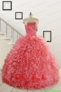 2015 Custom Made Watermelon Red Sweet 15 Dress with Beading