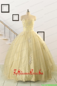 Custom Made Appliques Quinceanera Dress in Light Yellow For 2015