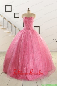 Custom Made Sweetheart Sequins Quinceanera Dress in Rose Pink For 2015