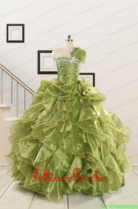 Custom Made Olive Green Dresses for Quince with Beading and Ruffles