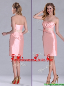 Cheap Strapless Hand Crafted Flower Peach Dama Dress in Satin