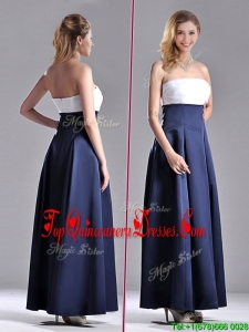 Elegant Strapless Ankle Length Dama Dress in Navy Blue and White