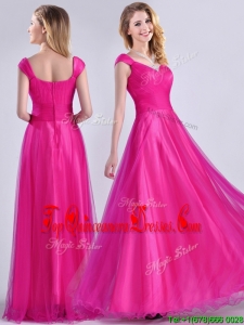 Exclusive Organza Beaded Top Hot Pink Dama Dress with Cap Sleeves