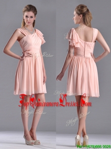 Simple Empire Ruched Peach Prom Dress with Asymmetrical Neckline