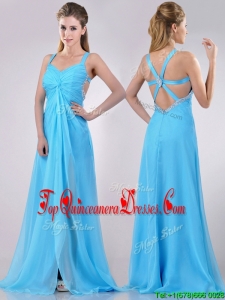 Luxurious Straps Criss Cross Beaded Long Dama Dress in Baby Blue