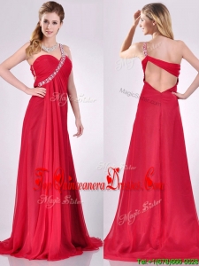 New Beaded Decorated One Shoulder Red Dama Dress with Brush Train