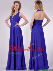 New Style Halter Top Zipper Up Long Dama Dress in Blue