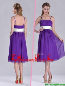 Romantic Spaghetti Straps Belted Eggplant Purple Dama Dress in Tea Length