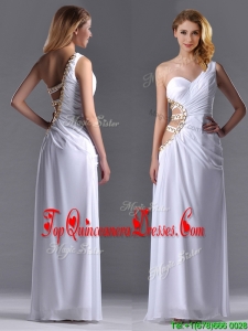Beautiful Cut Out Waist One Shoulder White Dama Dress with Beading