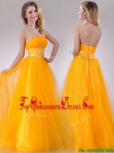 Elegant A Line Beaded Tulle Gold Dama Dress with Lace Up