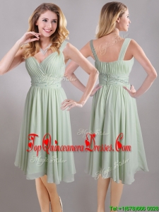 Exclusive Beaded and Ruched Apple Green V Neck Dama Dress in Chiffon