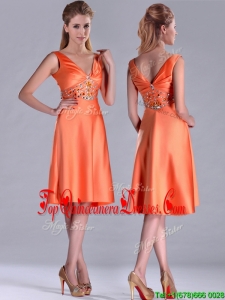 New Arrivals V Neck Beaded Short Dama Dress in Orange Red