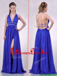 New Halter Top Blue Backless Dama Dress with Beading and High Slit