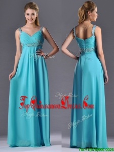 Beautiful Empire Aqua Blue Long Dama Dress with Beading and Ruching