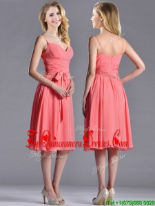 Best Spaghetti Straps Watermelon Dama Dress with Ruching and Bowknot
