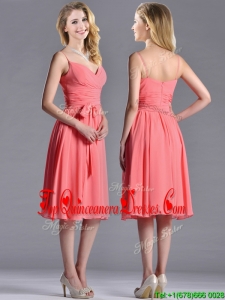 Best Spaghetti Straps Watermelon Dama Dress with Ruching and Bowknot