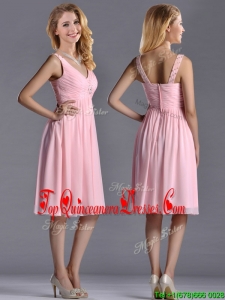 Lovely Empire V Neck Baby Pink Short Dama Dress with Beading